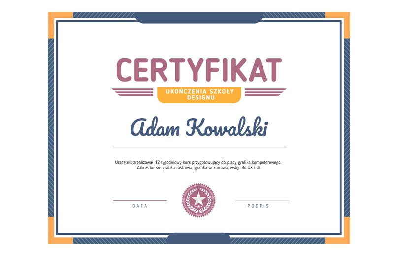 Imienny certyfikat ukończenia kursu Szkoły Designu